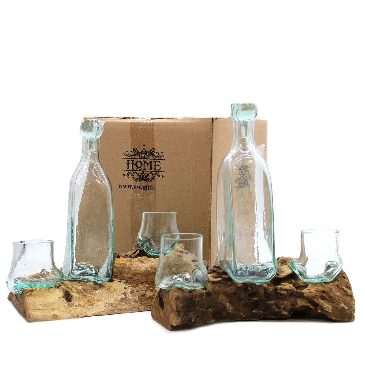 Sculptural Molten Glass Whisky Decanter and Glasses Set, Handcrafted, showing the distinctive design – molten glass home decor product image 4