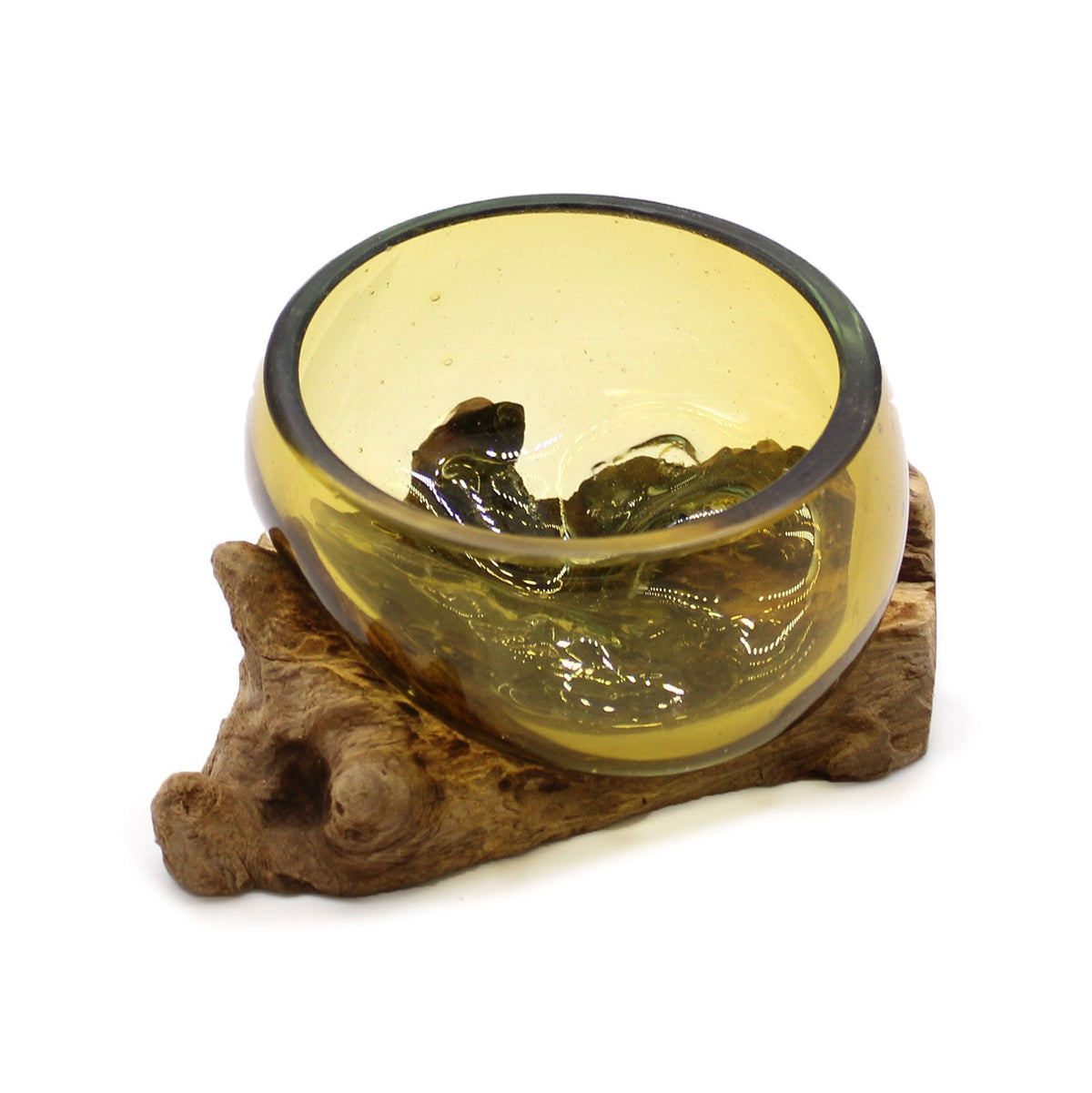 Mini Amber Molten Glass Bowl on Natural Wood Base, Artisan, showing the distinctive design – molten glass home decor product image 3