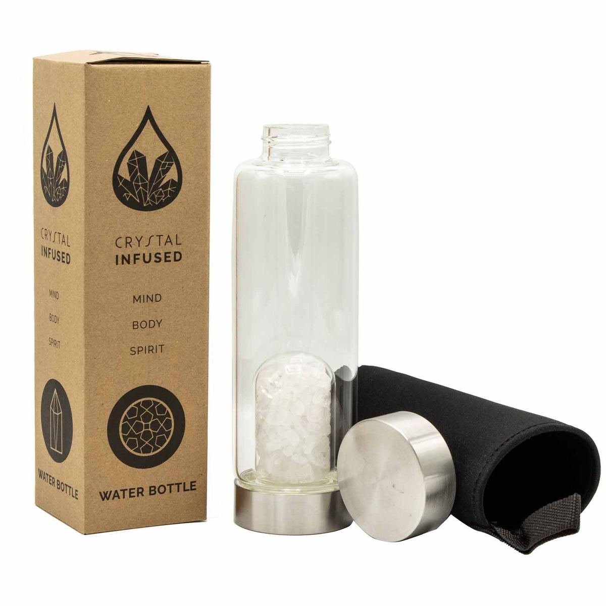 500 ml Crystal Infused Glass Water Bottle, Clear Quartz - Chips, showing the distinctive design – crystal water bottle product image 5