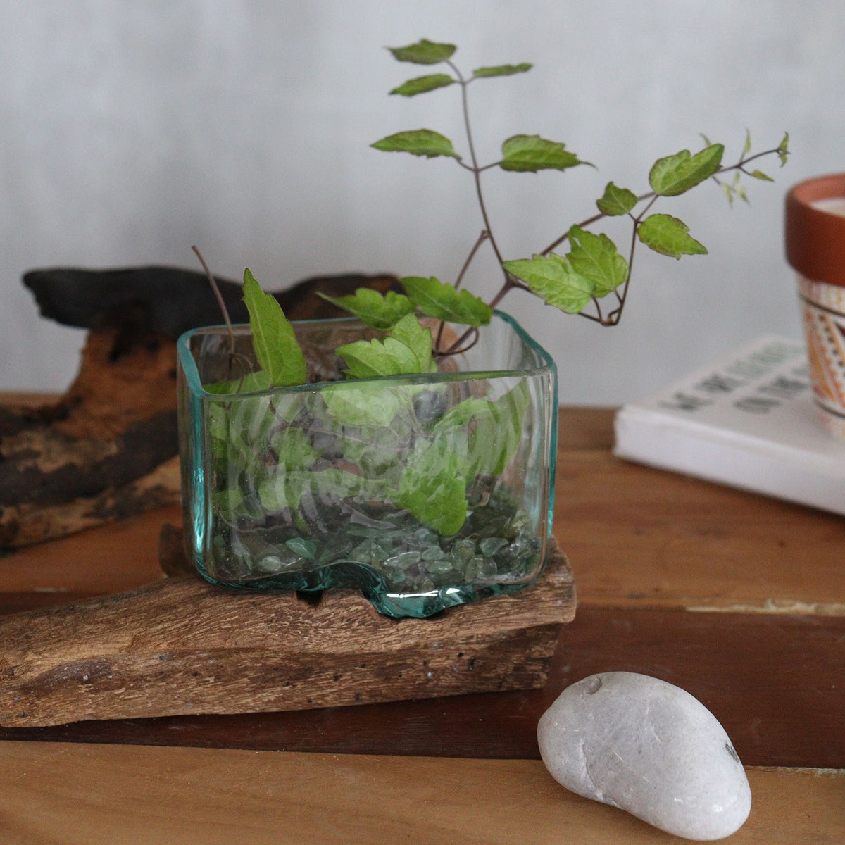 Medium Molten Glass Decorative Bowl on Wood Stand product image 7, showing the distinctive design and materials