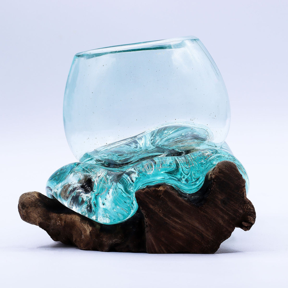 Molten Glass Mini Goldfish Bowl on Natural Wood Base (20 cm), showing the distinctive design – molten glass home decor product image 8