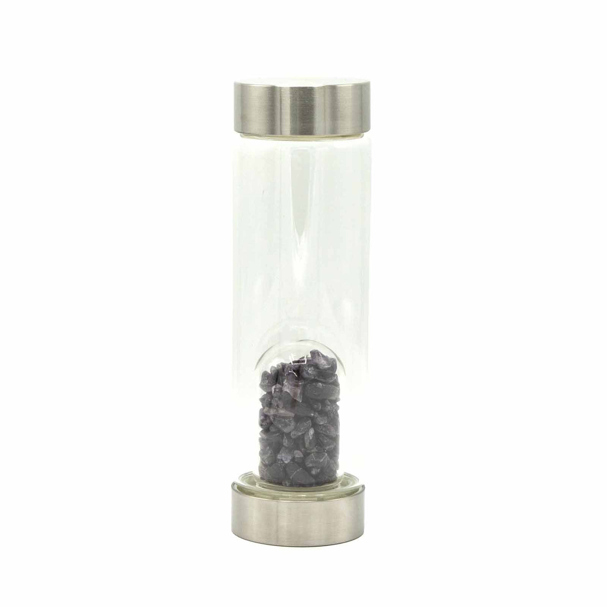 500 ml Crystal Infused Glass Water Bottle, Relaxing Amethyst - Chips, showing the distinctive design – crystal water bottle product image 5