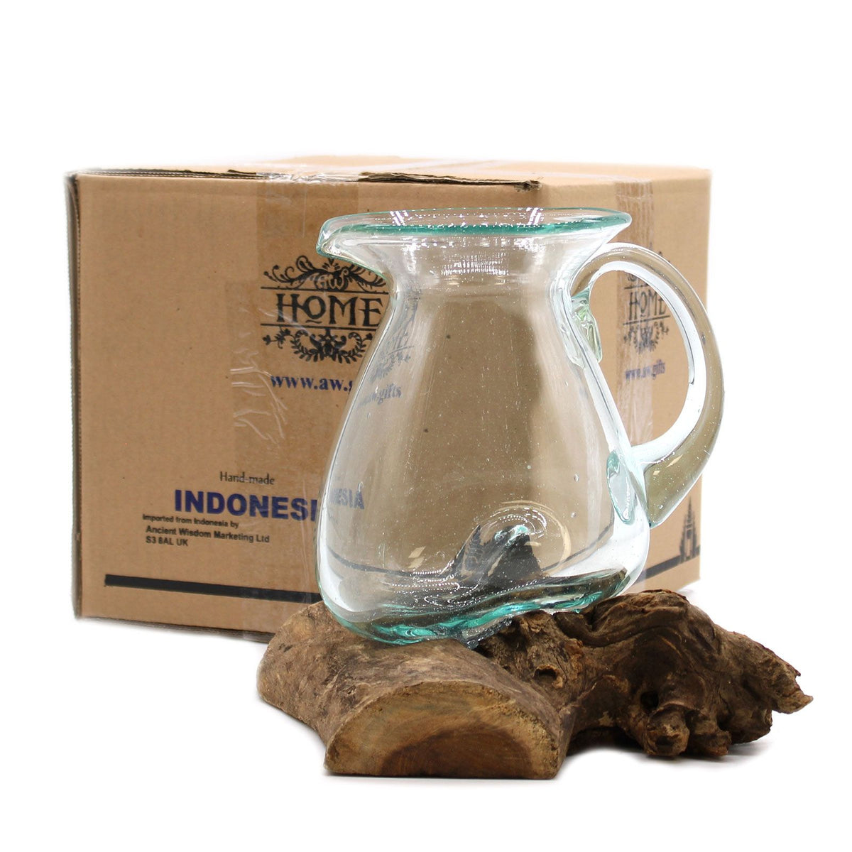 Sculptural Molten Glass Water Pitcher on Wood Base, Handblown Glass, showing the distinctive design – molten glass home decor product image 5