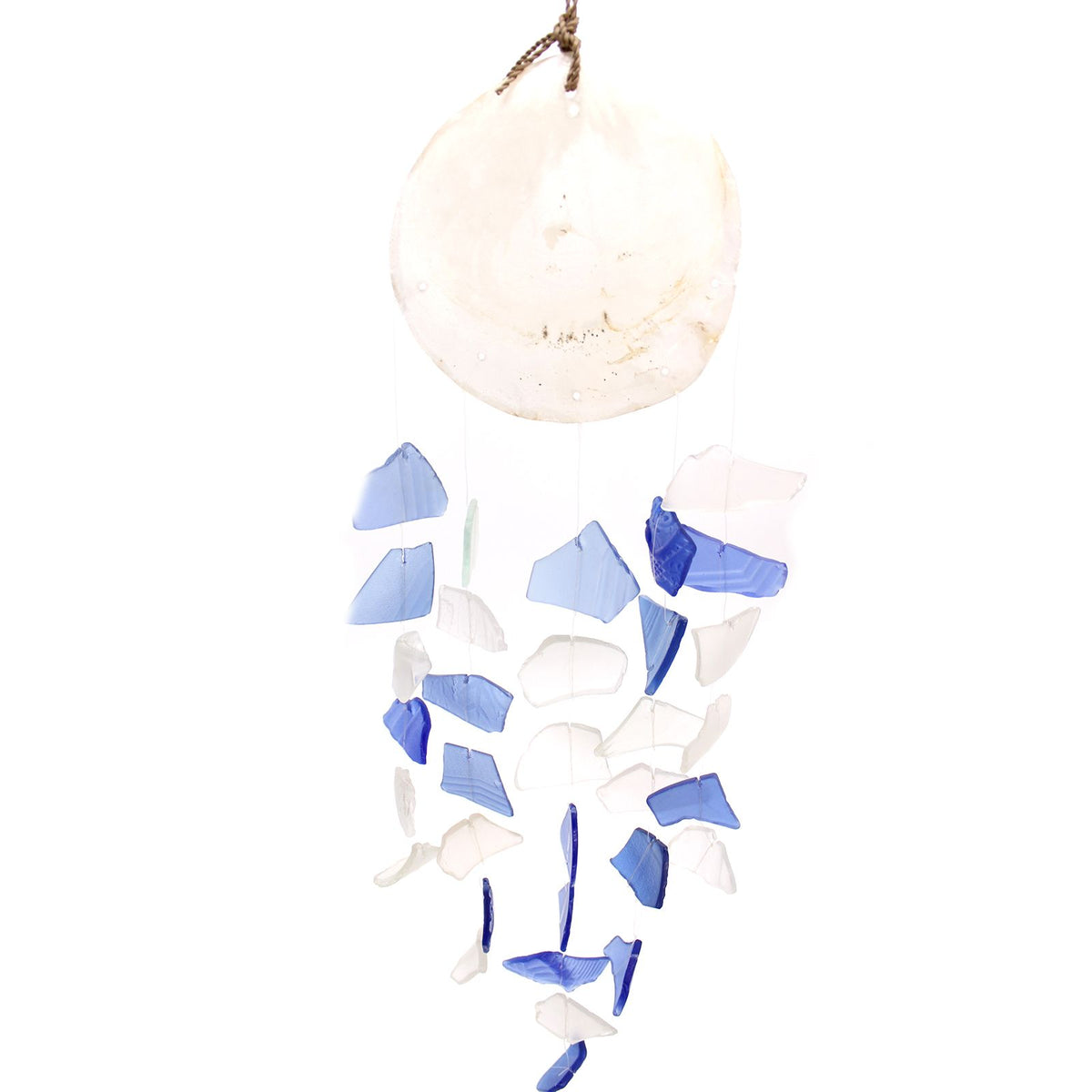 Blue and White Glass Recycled Glass Drop Wind Chime, showing the distinctive design – recycled glass wind chime product image 4