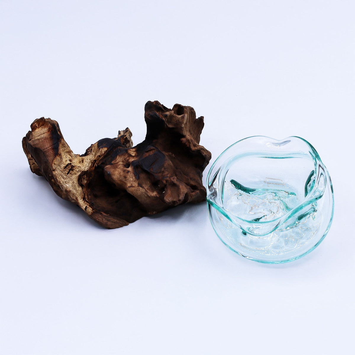 Molten Glass Wavy Bowl on Natural Wood Base (18 cm), Handblown, showing the distinctive design – molten glass home decor product image 7