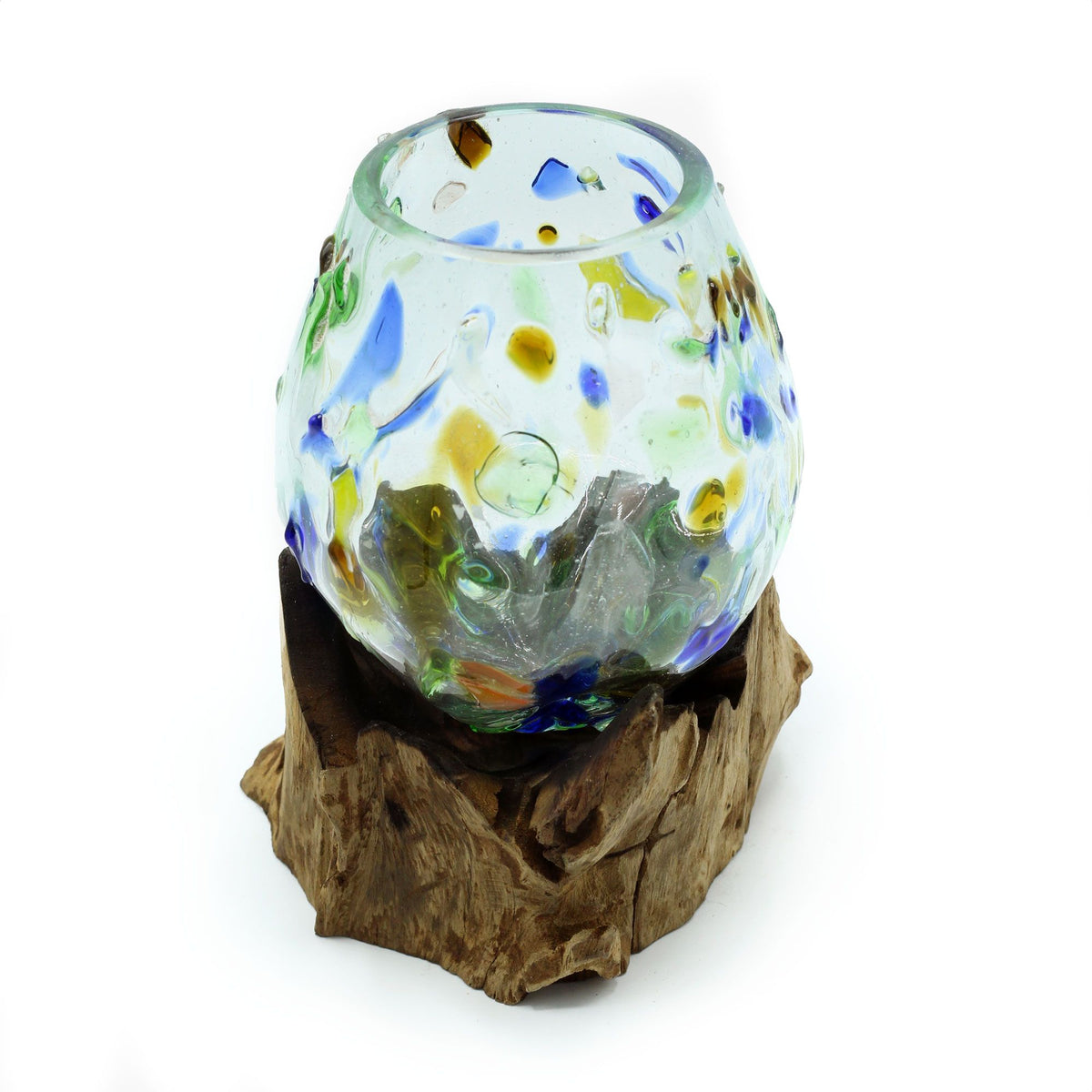 Molten Coloured Glass on Wood, Medium Bowl, showing the distinctive design – molten glass home decor product image 2