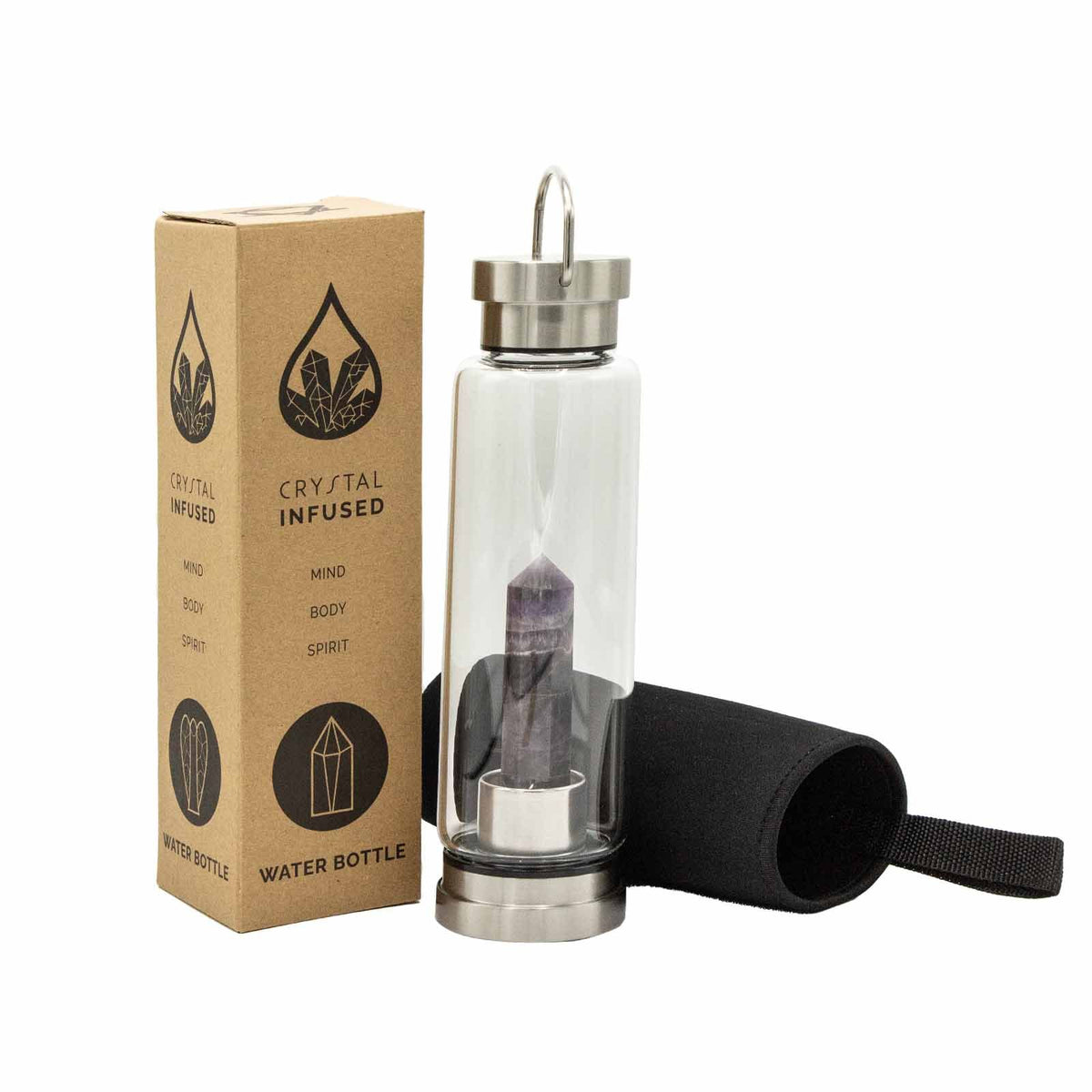 500 ml Crystal Infused Glass Water Bottle, Relaxing Amethyst - Obelisk, showing the distinctive design – crystal water bottle product image 5