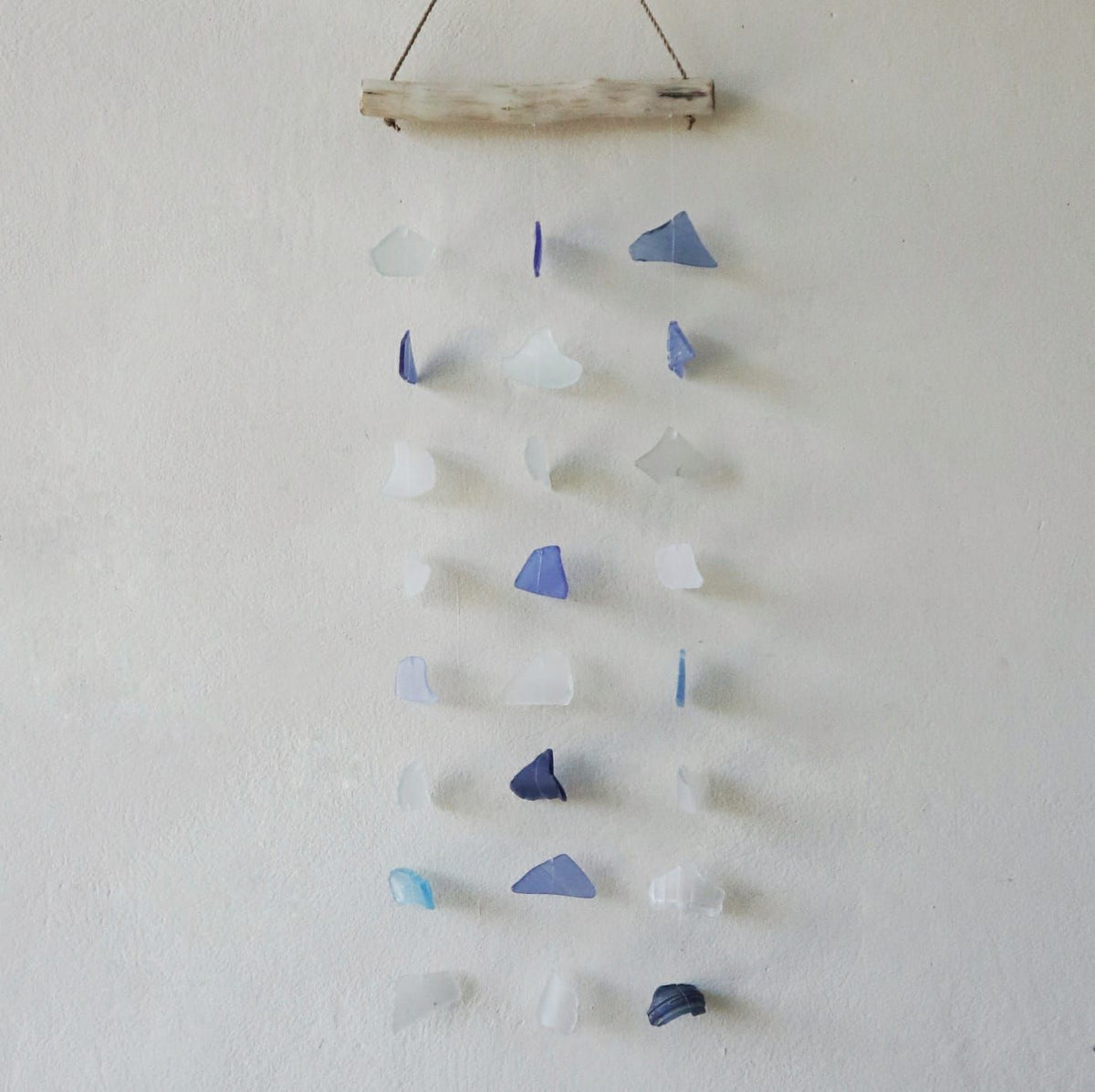 Three-Drop Recycled Glass Wind Chime, Blue and White, showing the distinctive design – recycled glass wind chime product image 4
