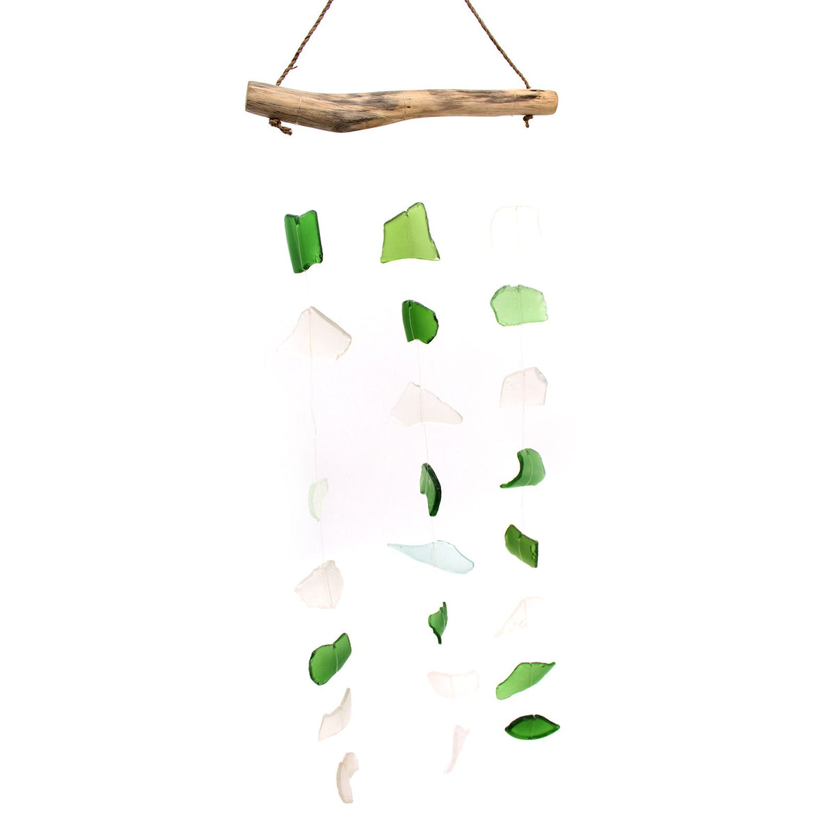 Three-Drop Recycled Glass Wind Chime, Green and White, showing the distinctive design – recycled glass wind chime product image 2