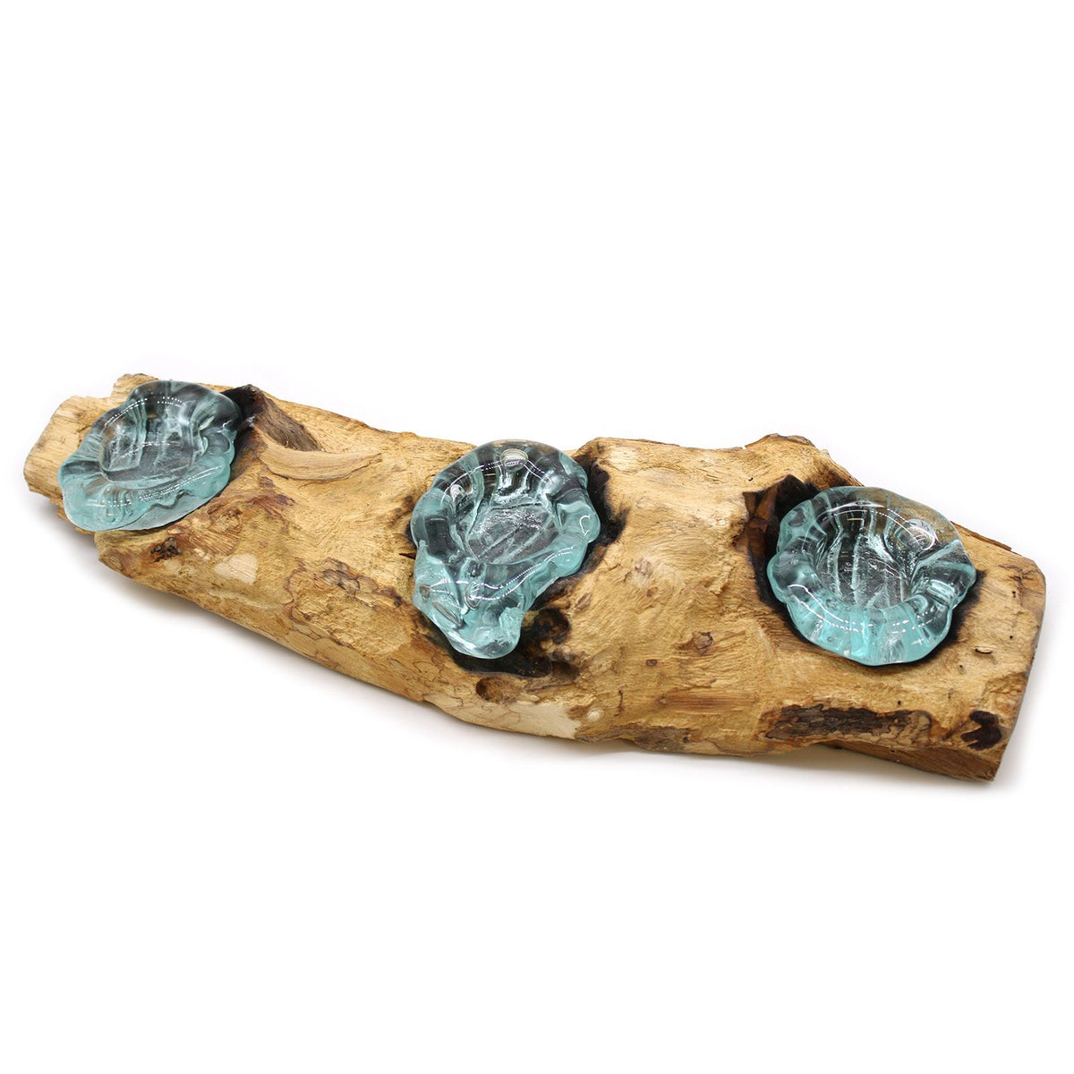Triple Molten Glass Candle Holder on Natural Wood Base, Artisan Home, showing the distinctive design – molten glass home decor product image 2