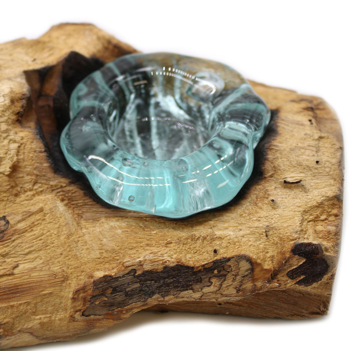 Triple Molten Glass Candle Holder on Natural Wood Base, Artisan Home, showing the distinctive design – molten glass home decor product image 8