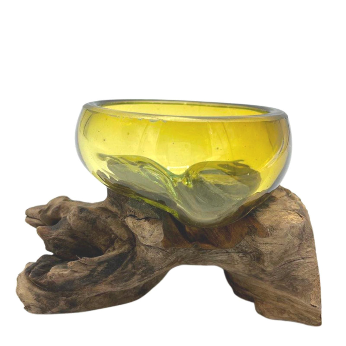 Mini Amber Molten Glass Bowl on Natural Wood Base, Artisan, showing the distinctive design – molten glass home decor product image 2