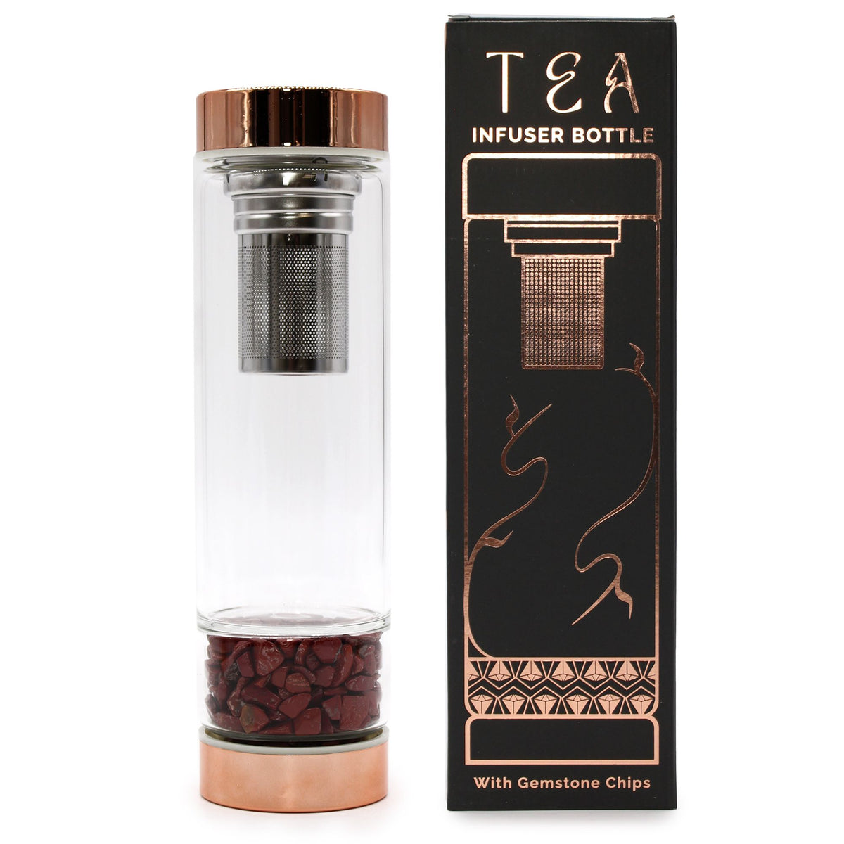 Crystal Glass Tea Infuser Bottle, Rose Gold - Red Jasper, showing the distinctive design – glass tea infuser bottle product image 4