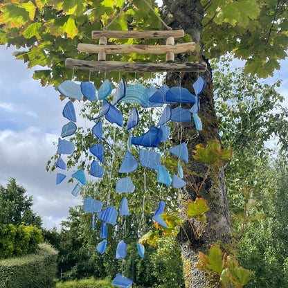 Three-String Recycled Glass Wind Chime, All Blues, showing the distinctive design – recycled glass wind chime product image 1