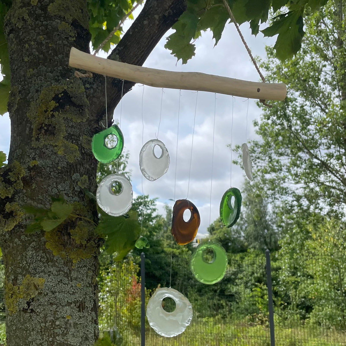 Recycled Bottle Glass Wind Chime, Assorted Outdoor Garden, showing the distinctive design – recycled glass wind chime product image 2