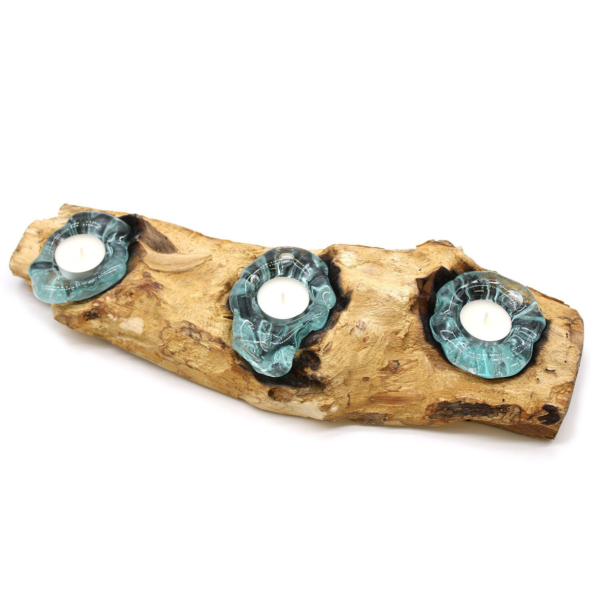 Triple Molten Glass Candle Holder on Natural Wood Base, Artisan Home, showing the distinctive design – molten glass home decor product image 1