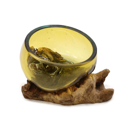 Mini Amber Molten Glass Bowl on Natural Wood Base, Artisan, showing the distinctive design – molten glass home decor product image 1