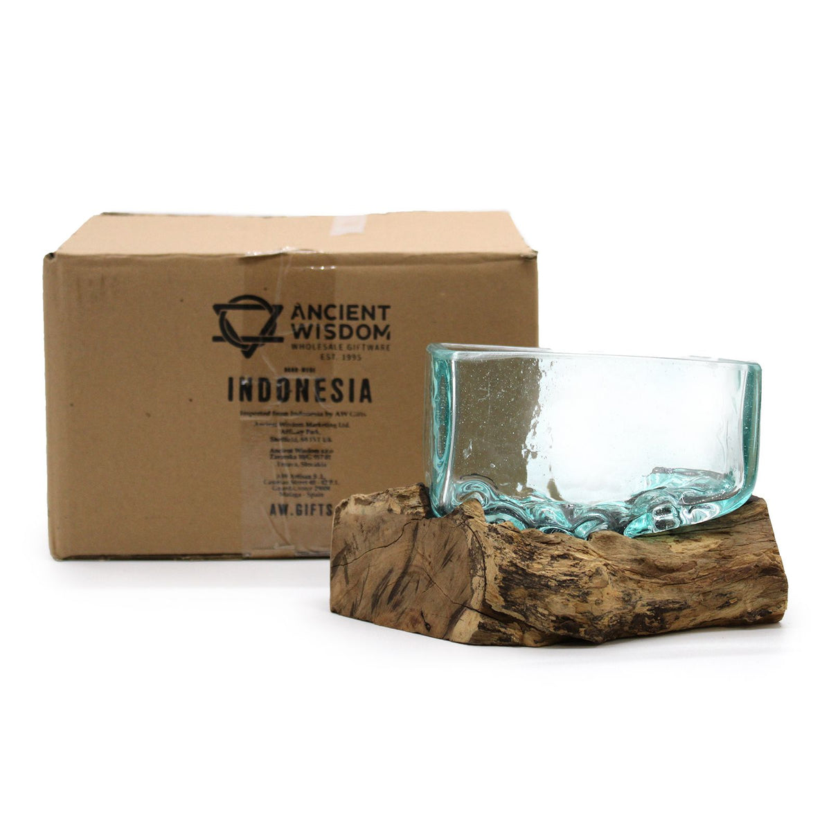 Medium Molten Glass Decorative Bowl on Wood Stand product image 3, showing the distinctive design and materials