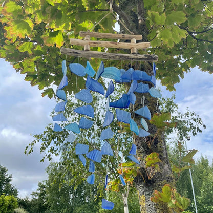 Three-String Recycled Glass Wind Chime, All Blues, showing the distinctive design – recycled glass wind chime product image 6