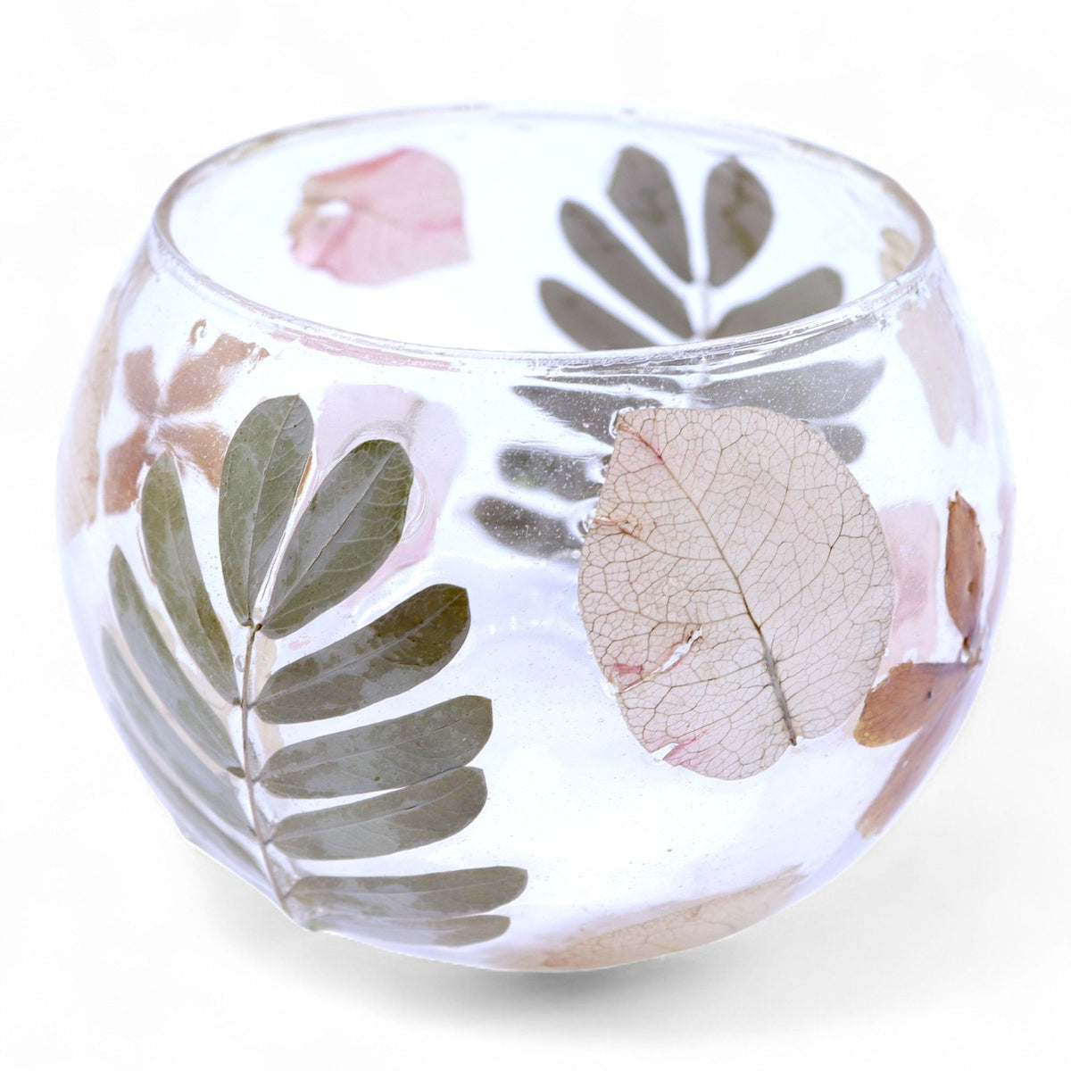 Natural Floral Recycled Glass Candle Holder, Primavera (8x10cm), showing the distinctive design – floral glass candle holder product image 6