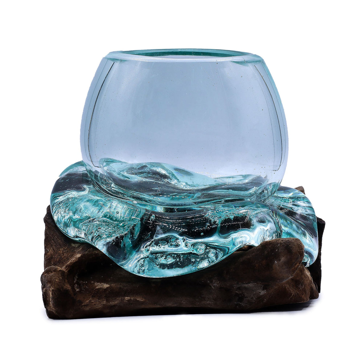 Molten Glass Mini Goldfish Bowl on Natural Wood Base (20 cm), showing the distinctive design – molten glass home decor product image 3