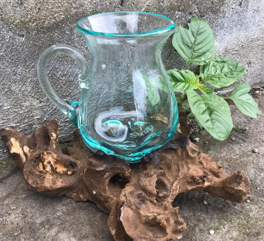 Sculptural Molten Glass Water Pitcher on Wood Base, Handblown Glass, showing the distinctive design – molten glass home decor product image 1