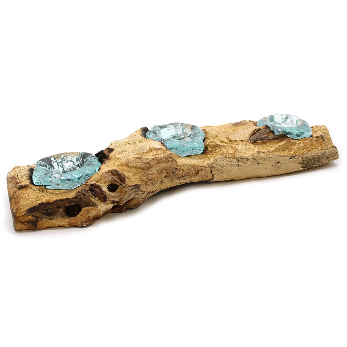 Triple Molten Glass Candle Holder on Natural Wood Base, Artisan Home, showing the distinctive design – molten glass home decor product image 7