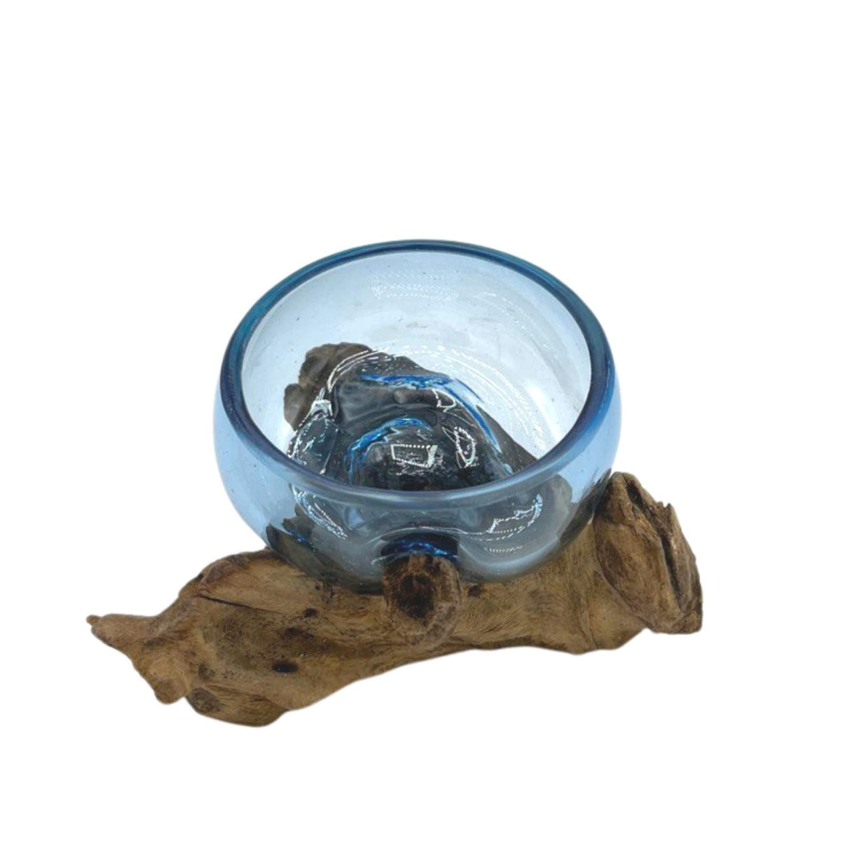 Ocean Blue Molten Glass Mini Bowl on Wood Base, Artisan Decorative, showing the distinctive design – molten glass home decor product image 6