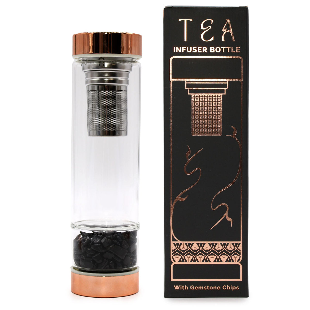 Crystal Glass Tea Infuser Bottle, Rose Gold - Onyx, showing the distinctive design – glass tea infuser bottle product image 2