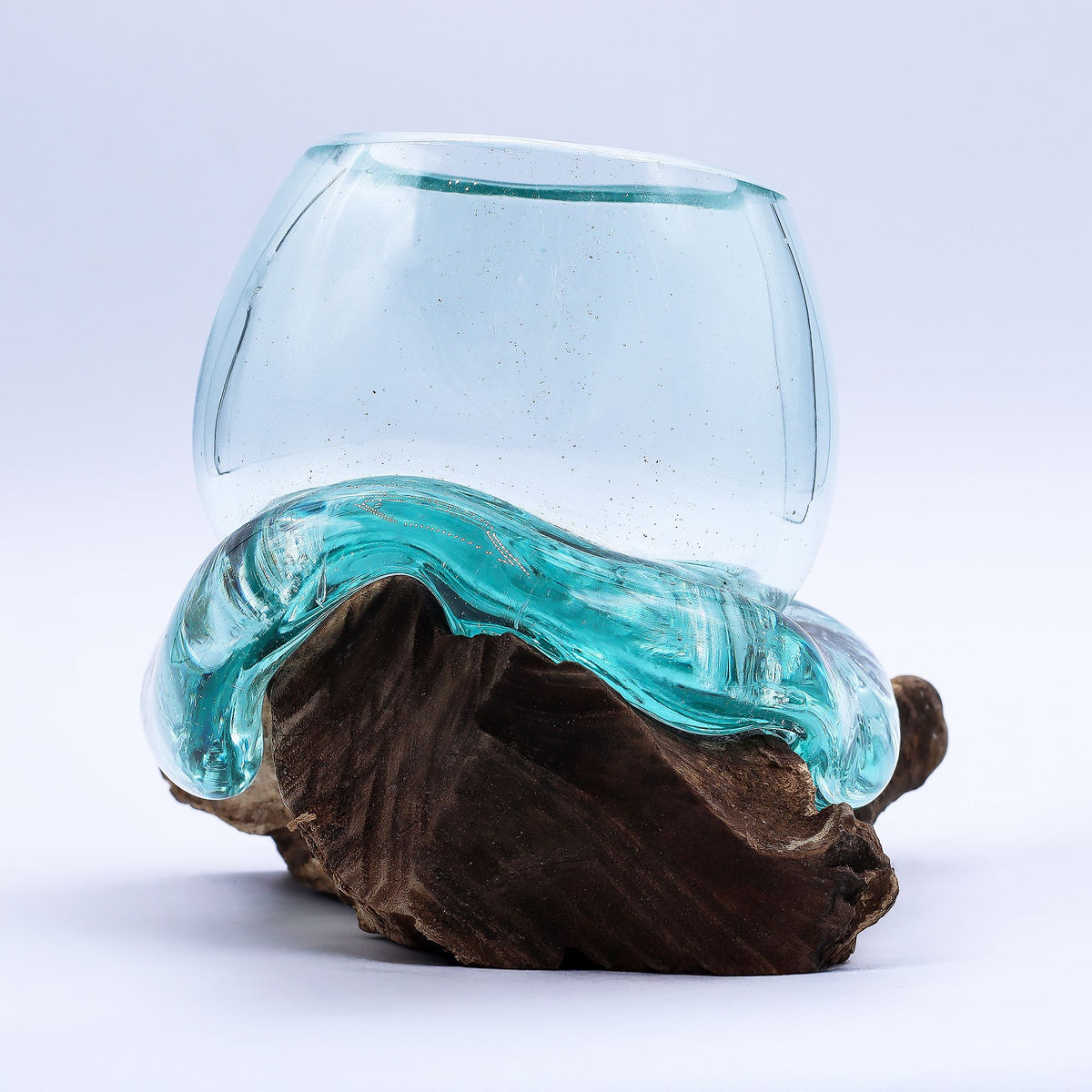 Molten Glass Mini Goldfish Bowl on Natural Wood Base (20 cm), showing the distinctive design – molten glass home decor product image 4
