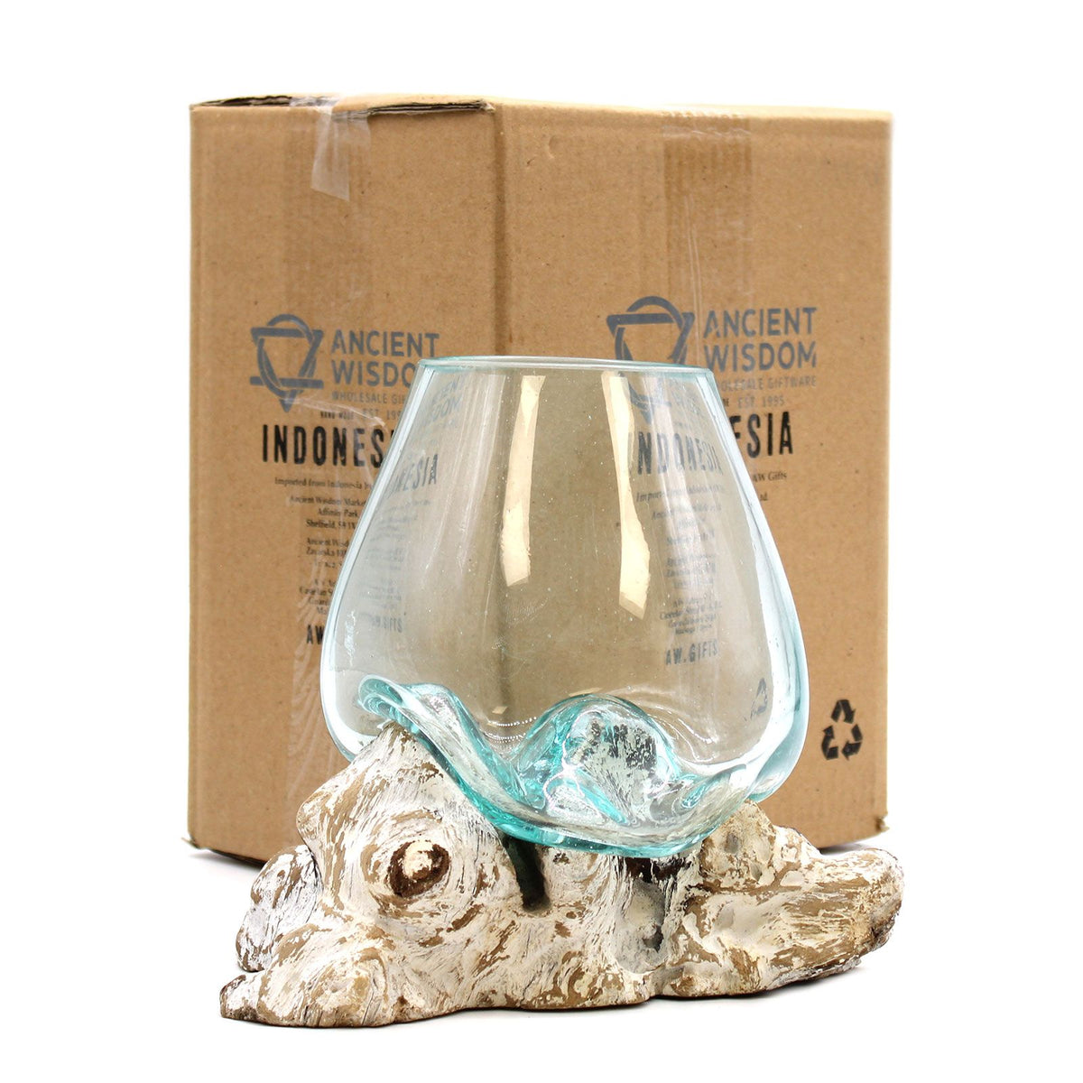 Large Molten Glass Decorative Bowl on Whitewashed Wood product image 2, showing the distinctive design and materials