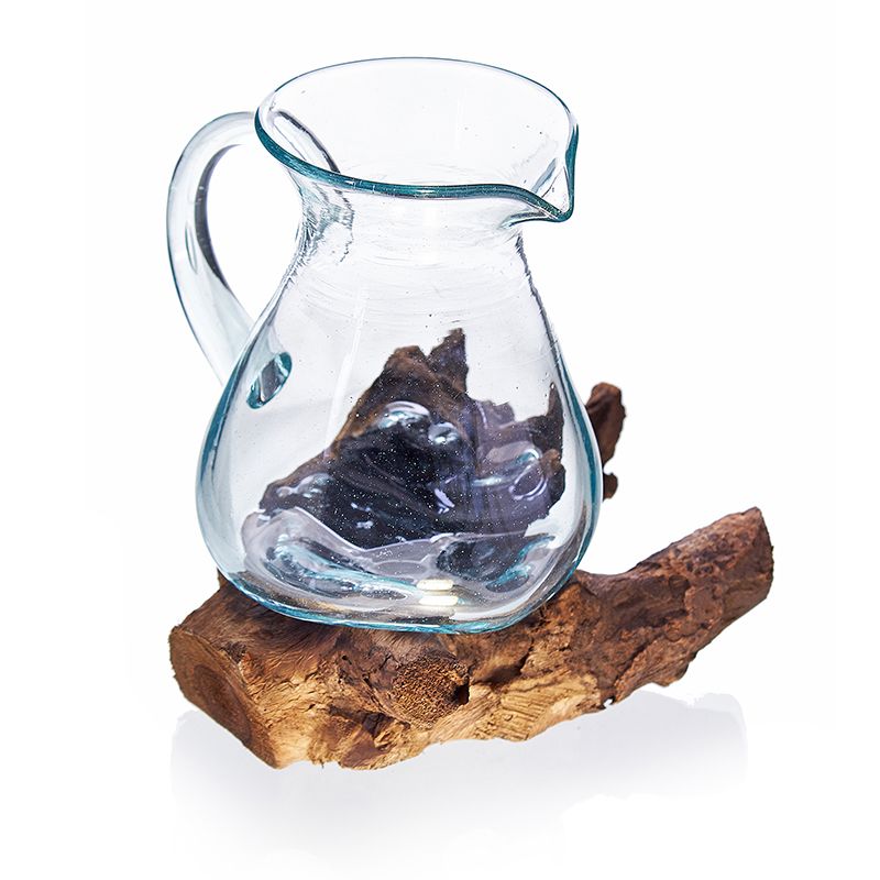 Sculptural Molten Glass Water Pitcher on Wood Base, Handblown Glass, showing the distinctive design – molten glass home decor product image 2