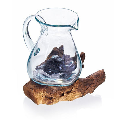 Sculptural Molten Glass Water Pitcher on Wood Base, Handblown Glass, showing the distinctive design – molten glass home decor product image 2