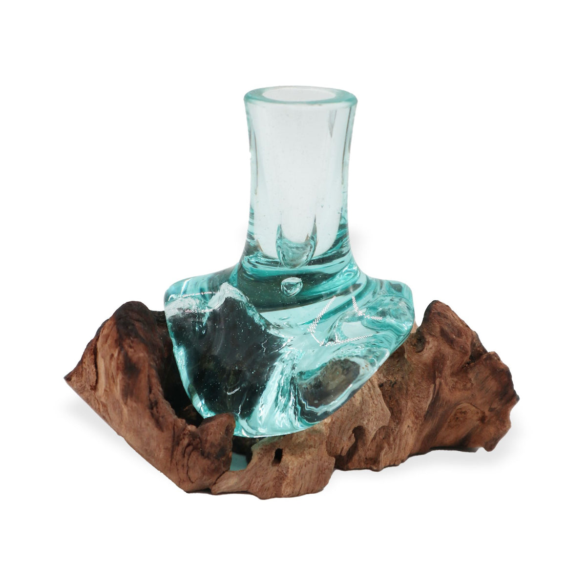 Molten Glass Small Flower Vase on Natural Wood Base, Handblown, showing the distinctive design – molten glass home decor product image 3