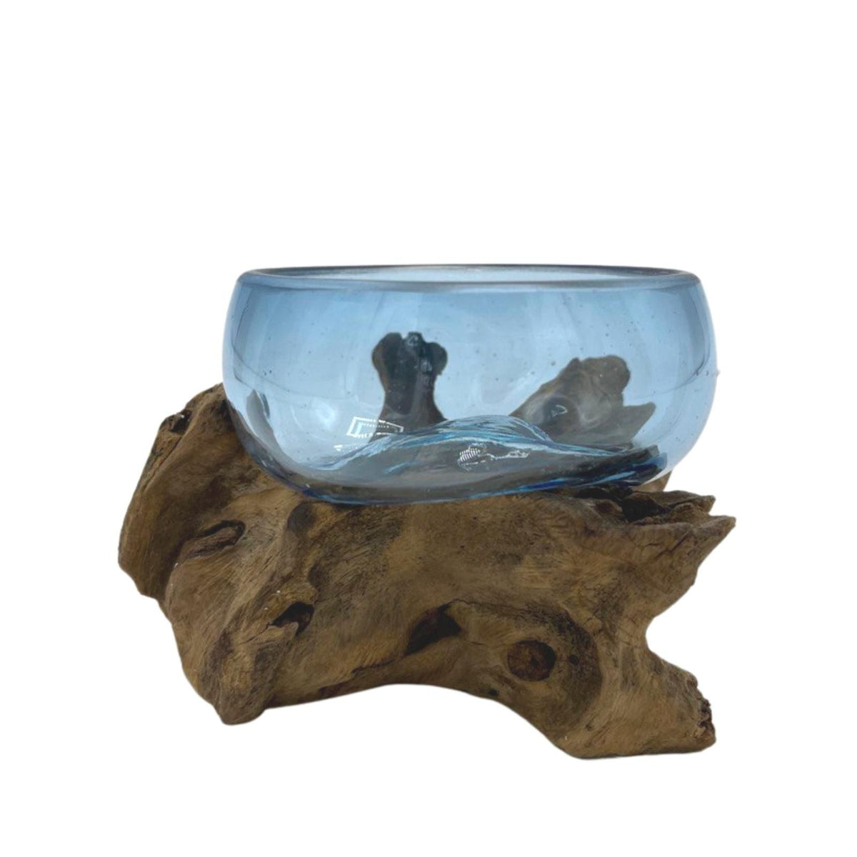 Ocean Blue Molten Glass Mini Bowl on Wood Base, Artisan Decorative, showing the distinctive design – molten glass home decor product image 4
