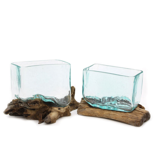 Medium Molten Glass Decorative Bowl on Wood Stand product image 1, showing the distinctive design and materials