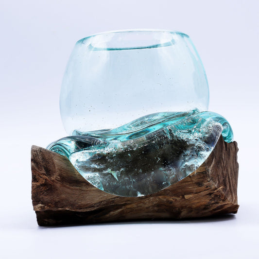 Molten Glass Mini Goldfish Bowl on Natural Wood Base (20 cm), showing the distinctive design – molten glass home decor product image 1