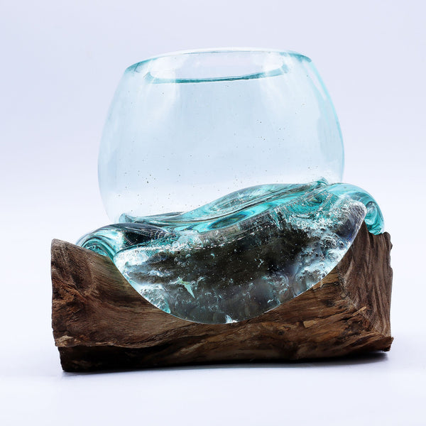 Molten Glass Mini Goldfish Bowl on Natural Wood Base (20 cm), showing the distinctive design – molten glass home decor product image 1