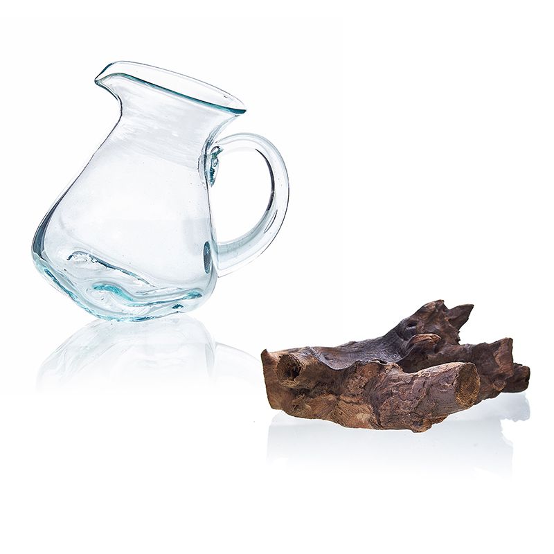 Sculptural Molten Glass Water Pitcher on Wood Base, Handblown Glass, showing the distinctive design – molten glass home decor product image 4