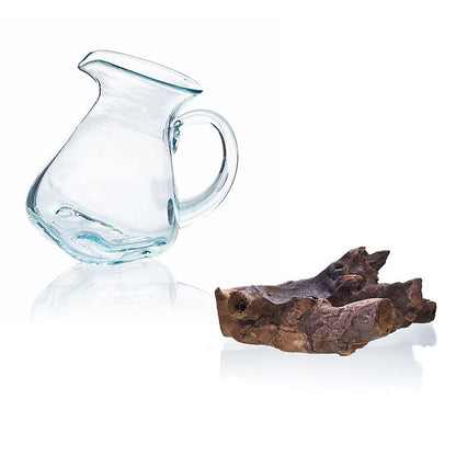 Sculptural Molten Glass Water Pitcher on Wood Base, Handblown Glass, showing the distinctive design – molten glass home decor product image 4
