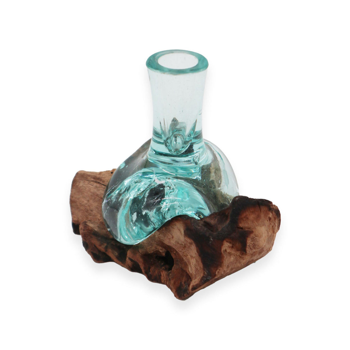 Molten Glass Small Flower Vase on Natural Wood Base, Handblown, showing the distinctive design – molten glass home decor product image 4