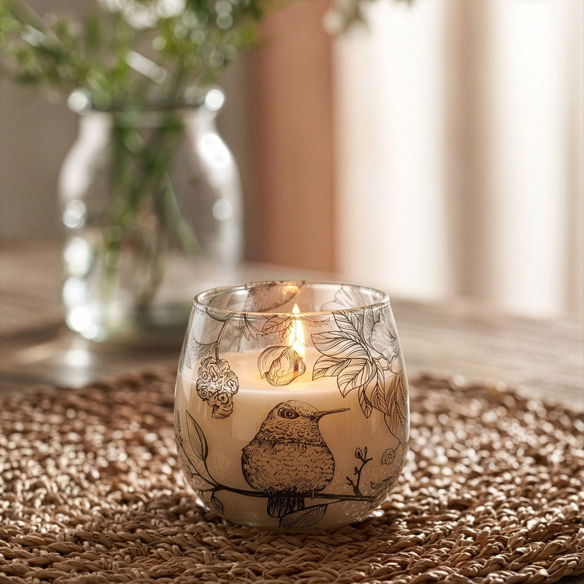Small Decorative Glass Jar Candle – Drawn by Flame product image 2, showing the distinctive design and materials