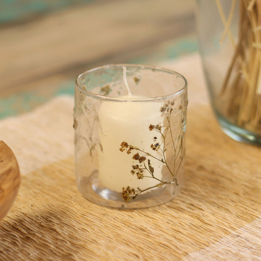 Natural Floral Recycled Glass Candle Holder, Margarita (8x8cm), showing the distinctive design – floral glass candle holder product image 1