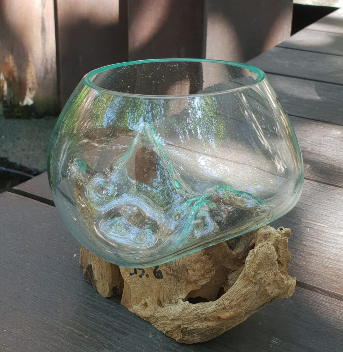 Small Molten Glass Decorative Bowl on Natural Wood Base product image 3, showing the distinctive design and materials