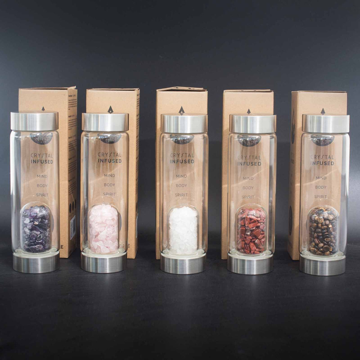 500 ml Crystal Infused Glass Water Bottle, Relaxing Amethyst - Chips, showing the distinctive design – crystal water bottle product image 3