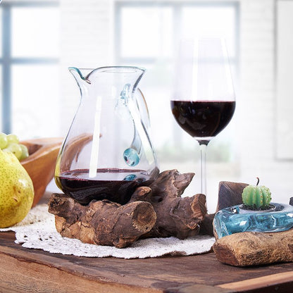 Sculptural Molten Glass Water Pitcher on Wood Base, Handblown Glass, showing the distinctive design – molten glass home decor product image 3