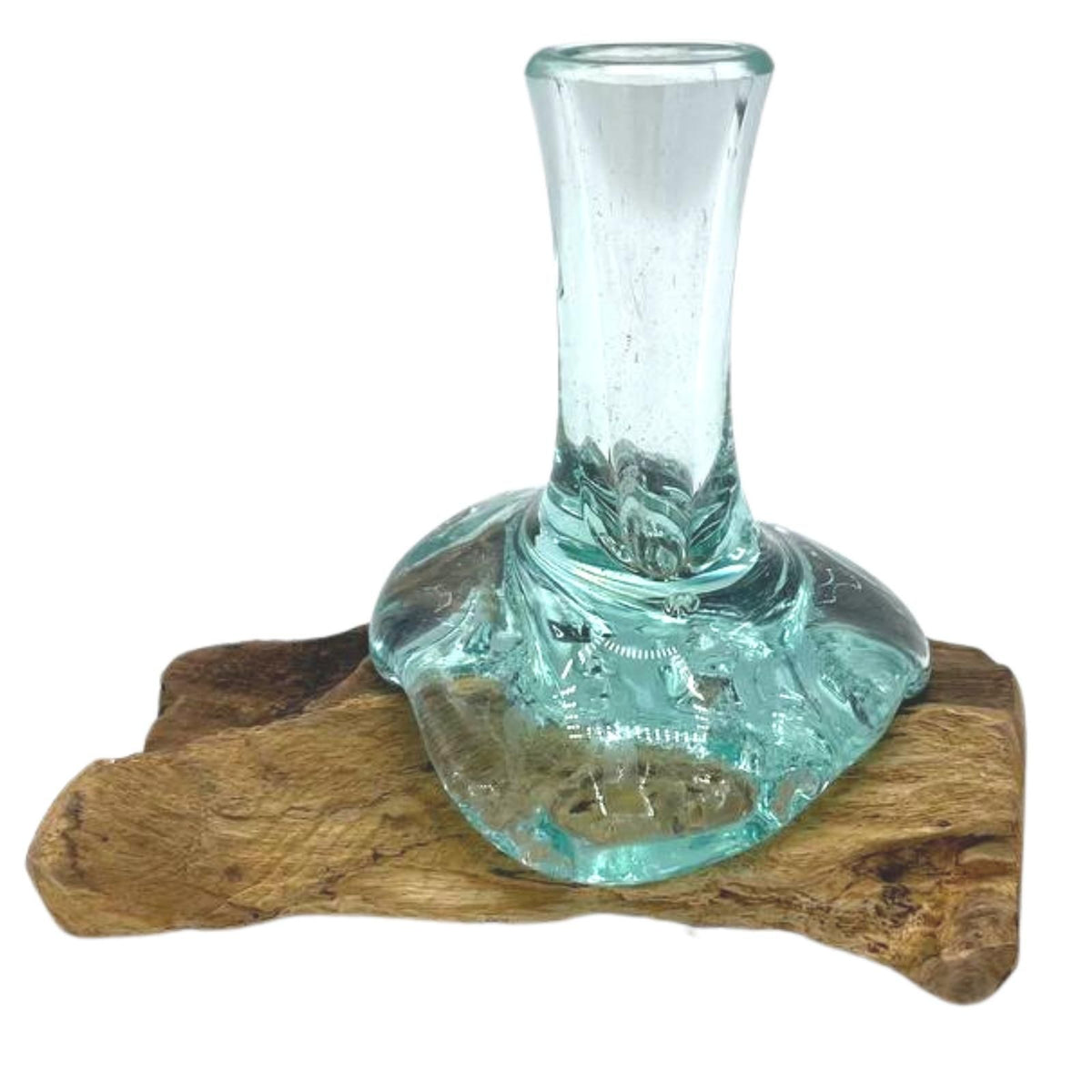 Molten Glass Small Flower Vase on Natural Wood Base, Handblown, showing the distinctive design – molten glass home decor product image 2