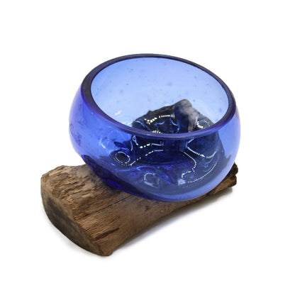 Ocean Blue Molten Glass Mini Bowl on Wood Base, Artisan Decorative, showing the distinctive design – molten glass home decor product image 3