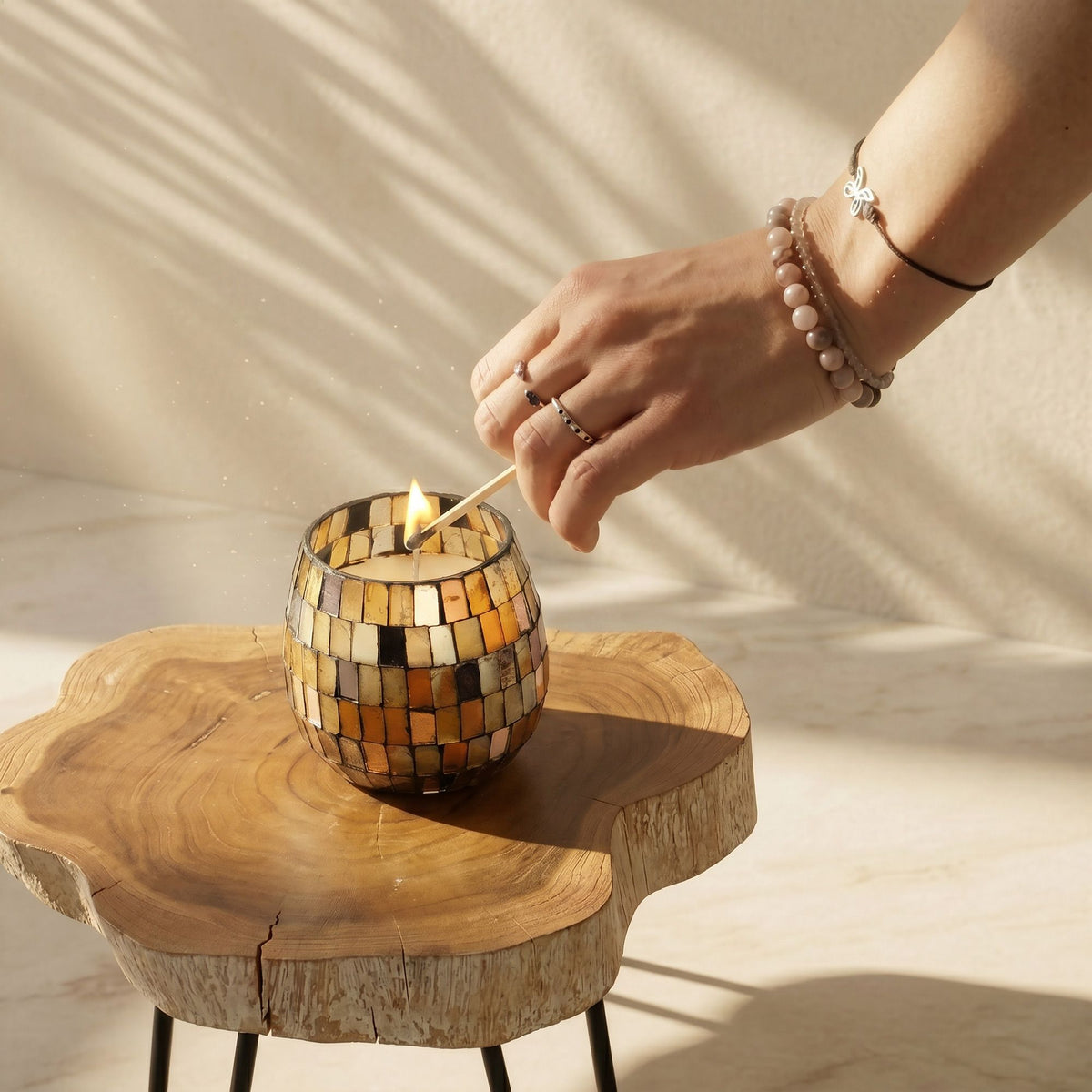 Small Decorative Glass Jar Candle – Amber Mosaic product image 7, showing the distinctive design and materials