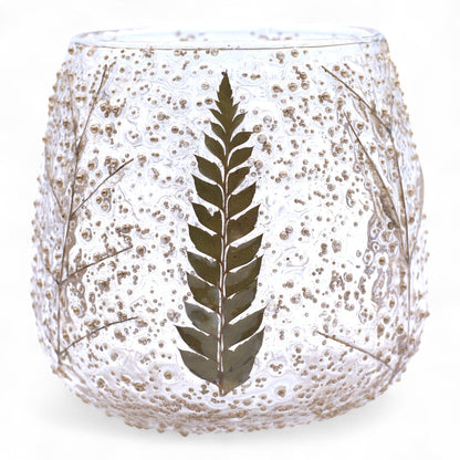 Natural Floral Recycled Glass Candle Holder, Pino (10x9cm), showing the distinctive design – floral glass candle holder product image 1